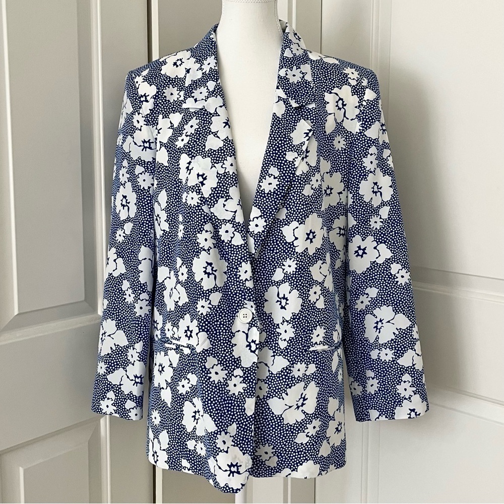 Vintage 80s Russ Union Made Lightweight Floral Blazer - Blue & White, Size 12